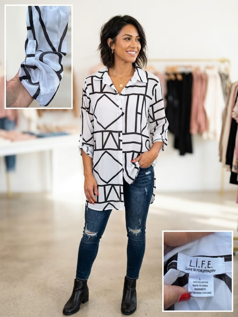 L.I.F.E. Lg Sheer Button Down Tunic Blouse Geometric Modernist Roll Tab Blk wht